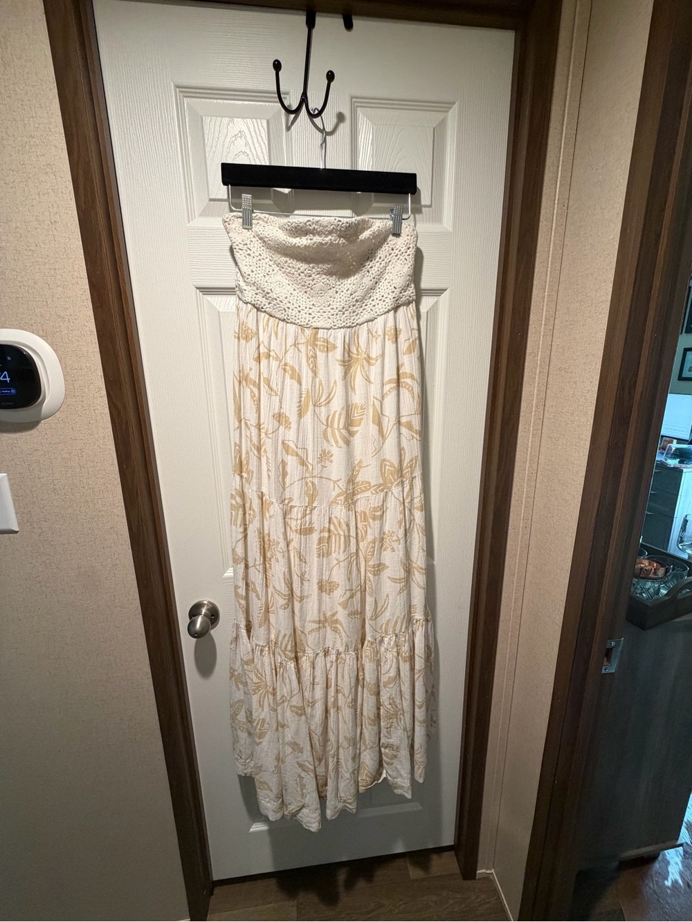 Cream and Gold Printed Strapless Maxi Dress with Smocked Waist